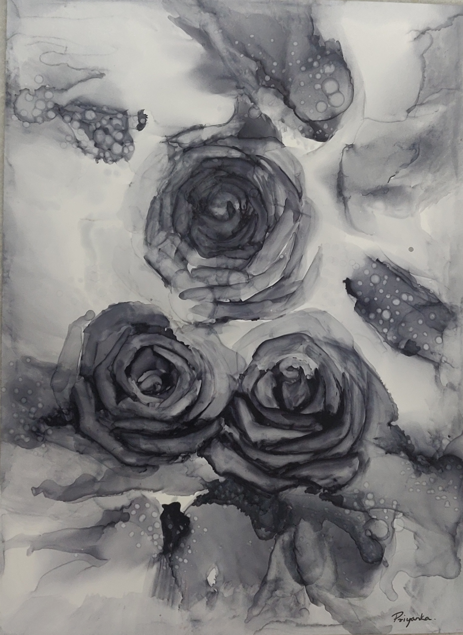 Black and White Roses Alcohol Ink Art