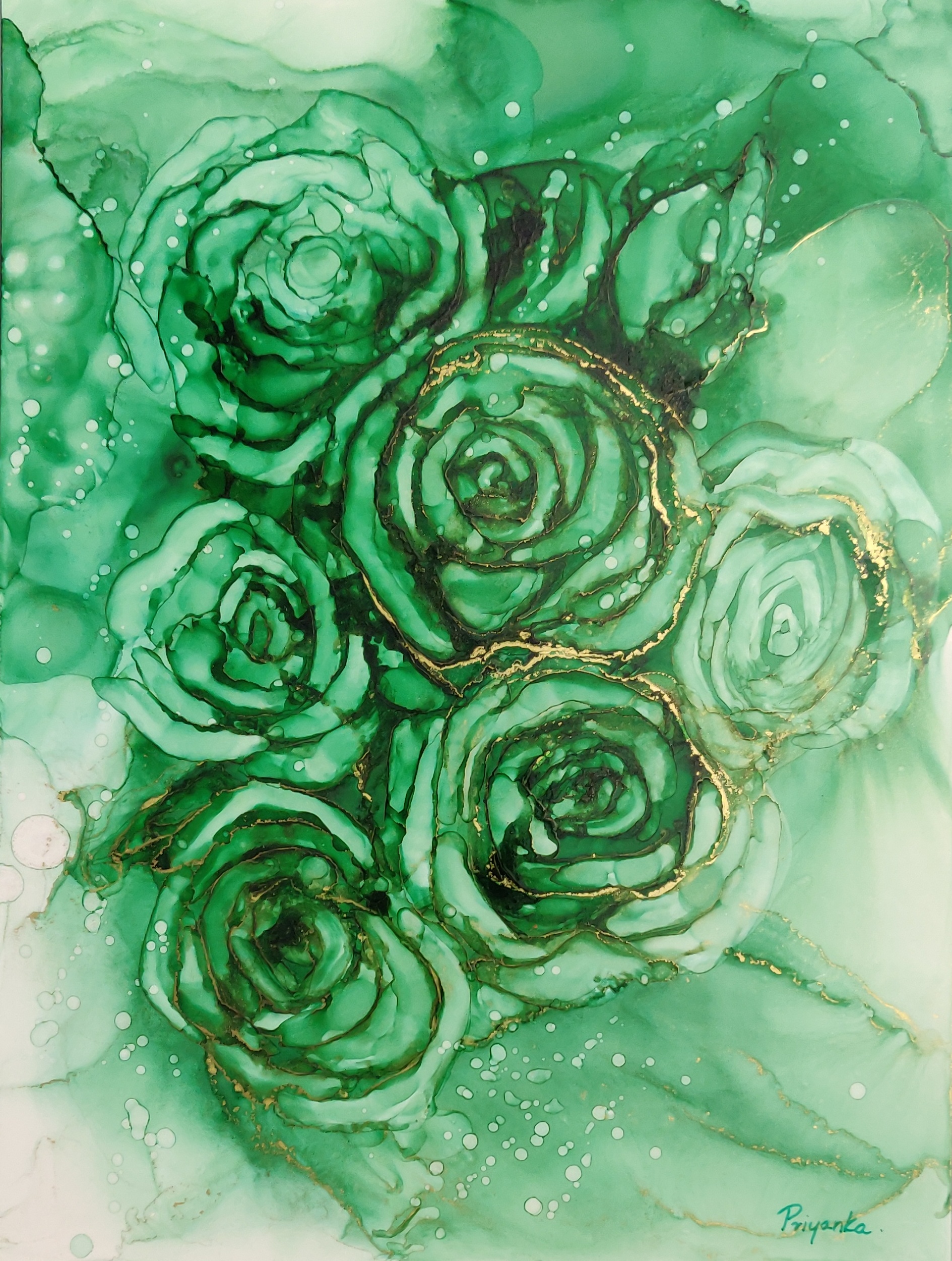 Green Roses Alcohol Ink Art
